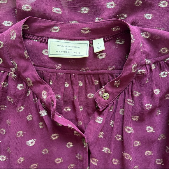 Moulinette Soeurs by Anthropologie Allegra Blouse Burgundy with Gold Foil - Picture 9 of 9